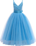 Vestido de tul con tirantes finos para niñas de flores, largo, corte A, para bodas, desfiles, princesas, fiestas de cumpleaños, vestidos de gala 