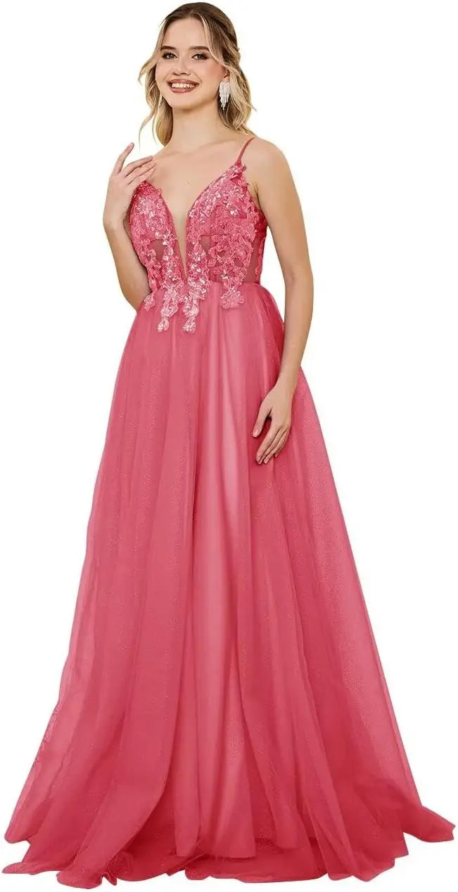 Vestidos de fiesta de tul con escote en V profundo para mujer, tirantes finos, apliques de encaje, vestidos de noche largos de corte A 