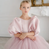 Birthday Holy Communion Banquet Princess Gowns Flower Girl Dresses Dusty Pink Pearls Neck With Bow Half Sleeve For Wedding