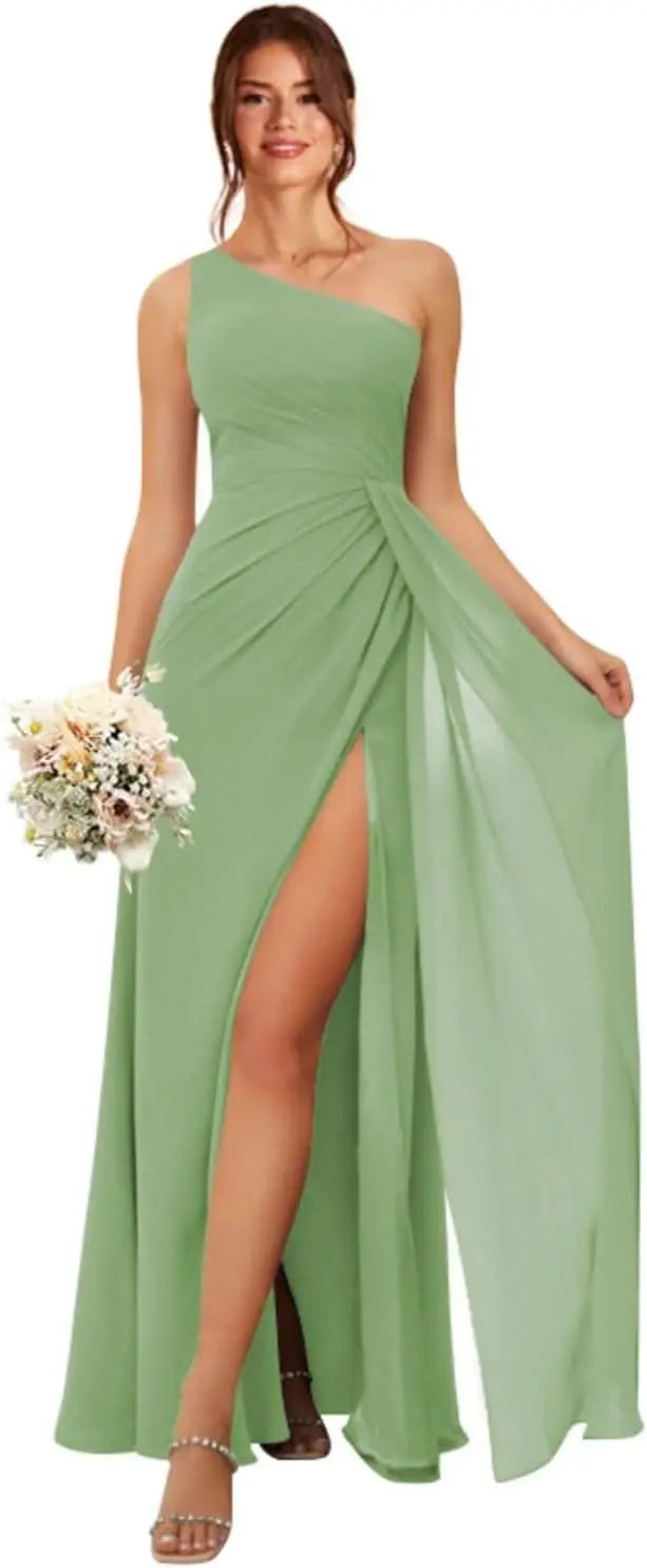 One Shoulder Bridesmaid Dresses for Women Long Ruched Chiffon A Line Formal Evening Dress with Slit prom dresses