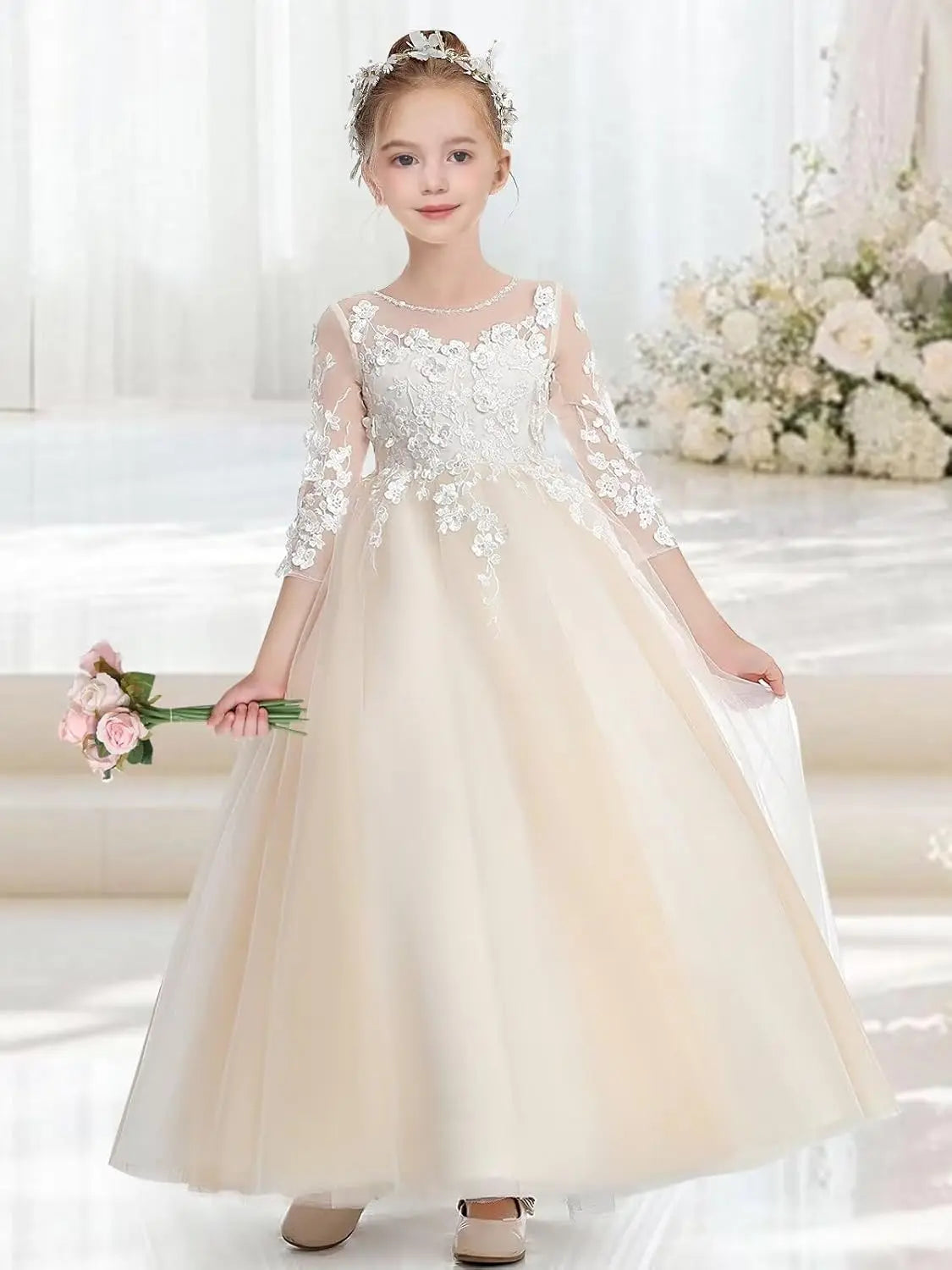 Elegantes Blumenmädchenkleid aus Tüll in A-Linie mit Applikationen, Erstkommunionkleider mit Ärmeln, Festzugs-Prinzessinnen-Partykleider 