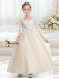 Elegantes Blumenmädchenkleid aus Tüll in A-Linie mit Applikationen, Erstkommunionkleider mit Ärmeln, Festzugs-Prinzessinnen-Partykleider 