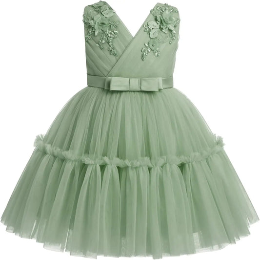 Baby Kids V-Neck Sleeveless Tulle Tutu Princess Special Occasion Party Ball Gown Summer Spring Flower Girl Dresses