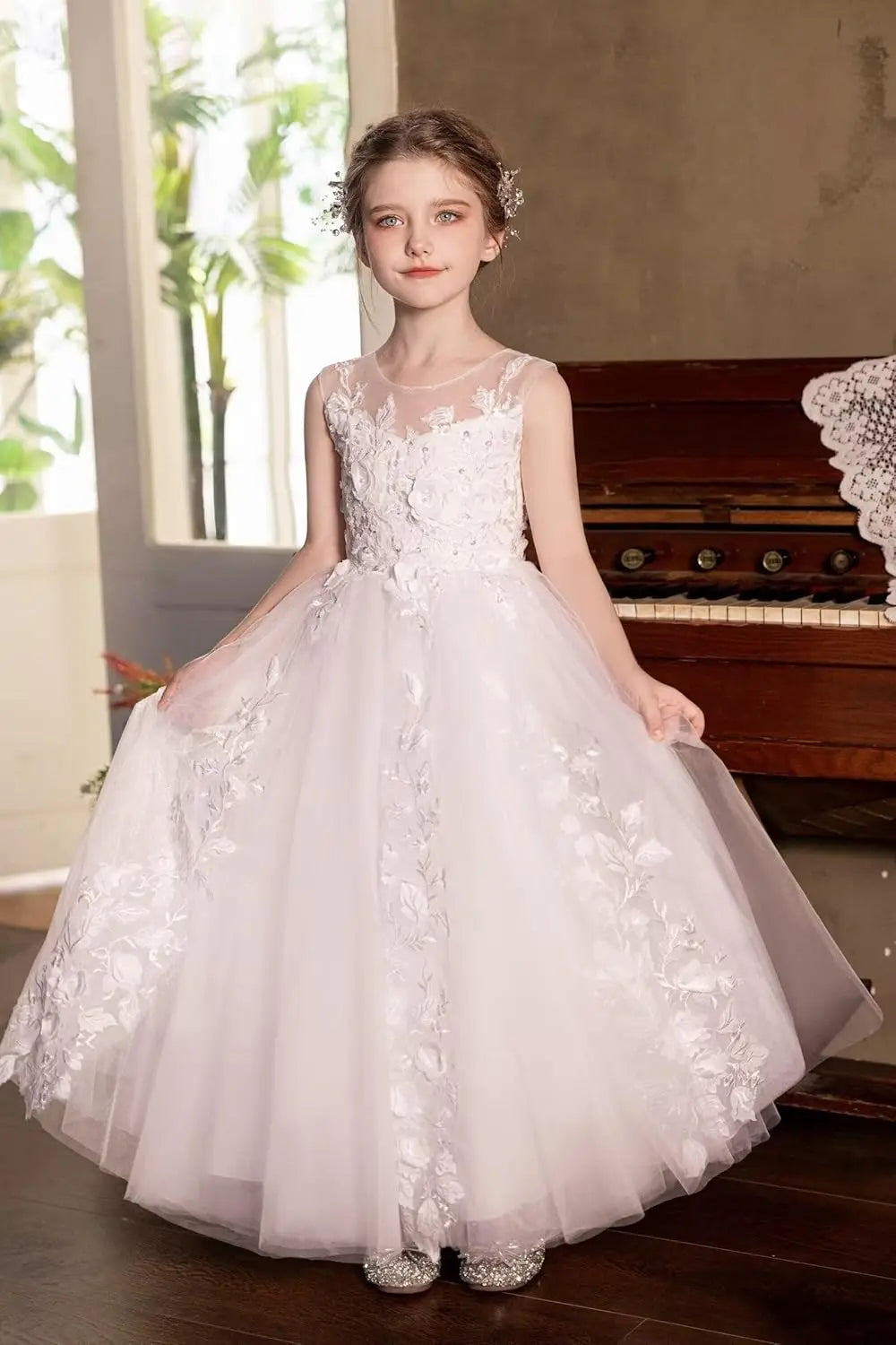 Vestidos de tul para niña de las flores para boda, vestido de primera comunión, vestido de dama de honor de encaje para niña, vestido de fiesta de desfile 