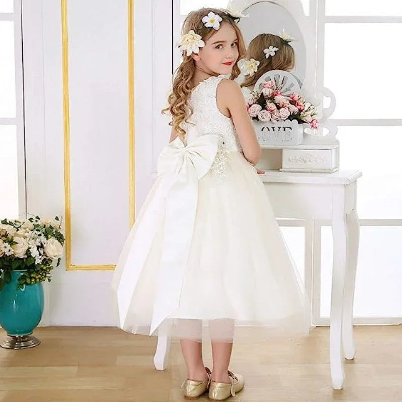 Ivory Tulle Puffy Applique With Big Bow Sleeveless For Wedding Birthday Banquet First Communion Dresses Flower Girl Dresses