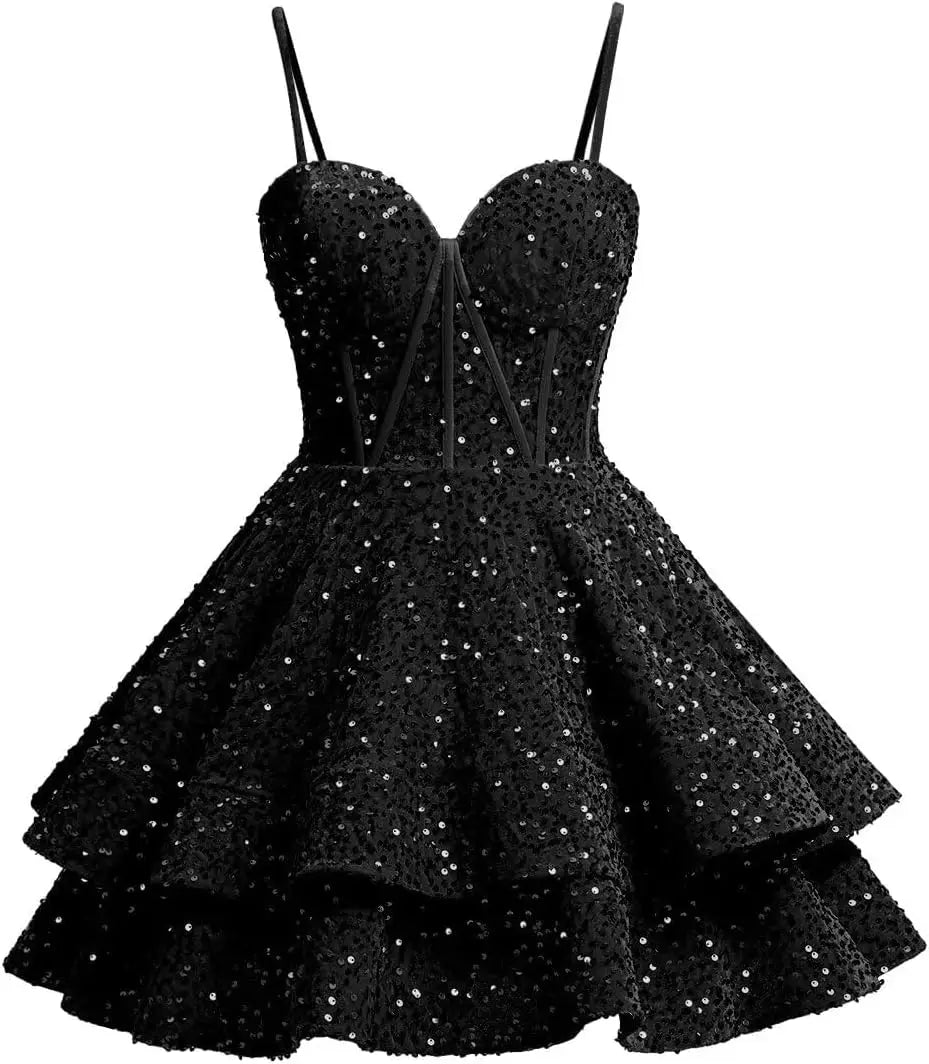 Vestidos de fiesta de graduación con lentejuelas brillantes para adolescentes, tirantes finos, corsé, vestido de cóctel con capas brillantes 