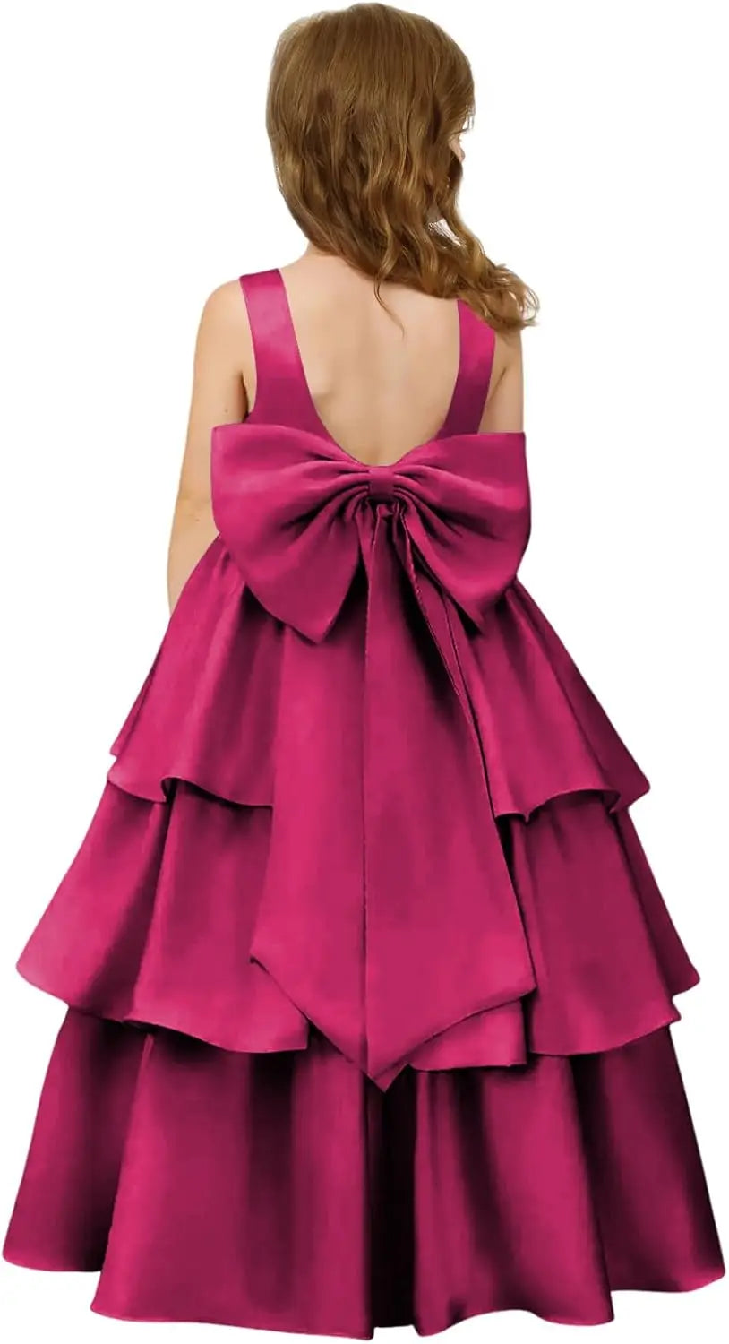Girls Crewneck Layers Flower Girl Satin Pageant Dress with Bow Knot Backless Birthday Party Formal Dress princess dress