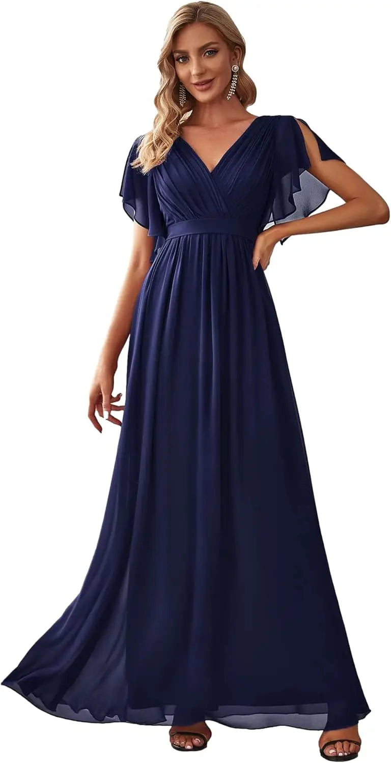 Vestido de dama de honor para mujer, escote en V, mangas con volantes, busto fruncido, largo hasta el suelo, de gasa, vestido formal para invitada de boda. 