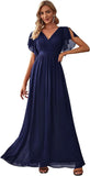 Vestido de dama de honor para mujer, escote en V, mangas con volantes, busto fruncido, largo hasta el suelo, de gasa, vestido formal para invitada de boda. 