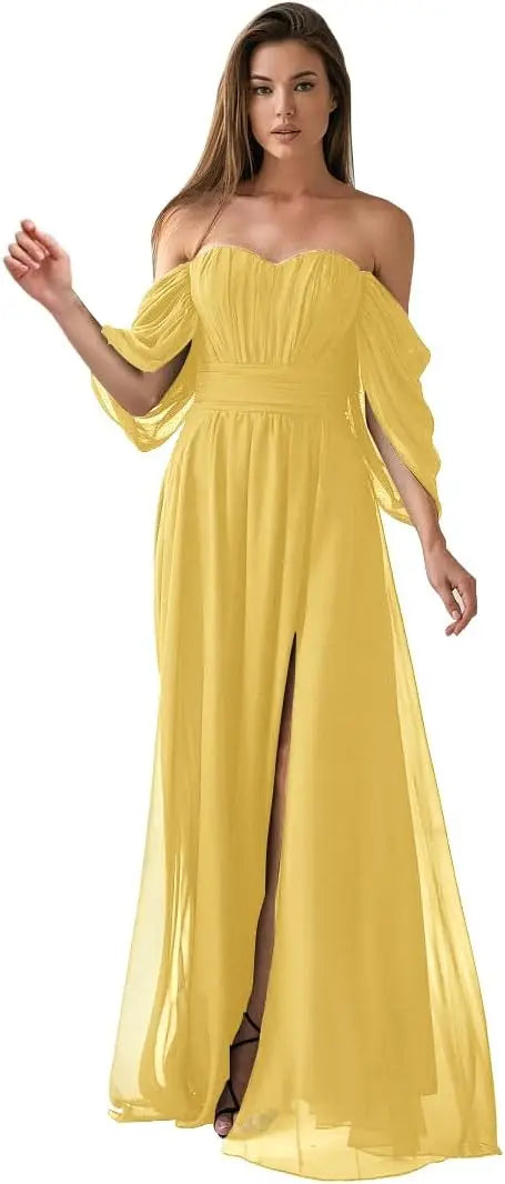 Vestido de dama de honor de talla grande con hombros descubiertos, de gasa, formal, con abertura, elegante, para invitada de boda 