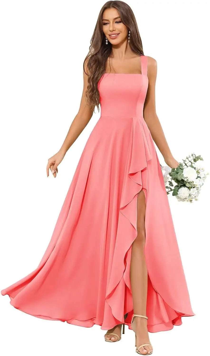 Chiffon Ruffle Bridesmaid Dresses for Women Square Neck Formal Evening Dress with Slit elegant dress women for wedding party
