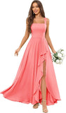 Chiffon Ruffle Bridesmaid Dresses for Women Square Neck Formal Evening Dress with Slit elegant dress women for wedding party