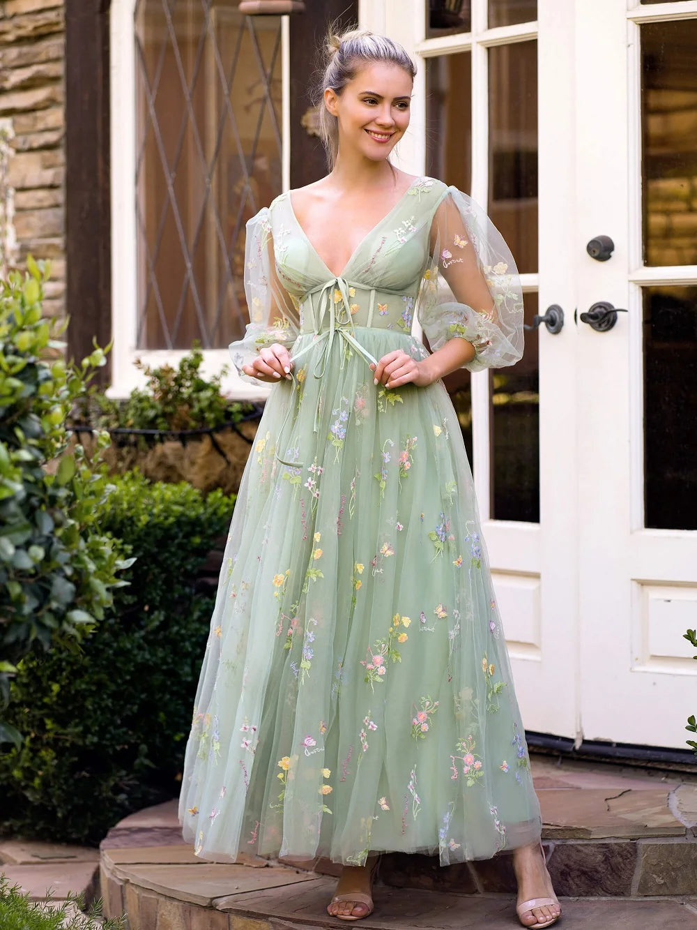Hot Sale Fairy Green Floral Embroidery Prom Dress with Back Lacing-Elegant Sweetheart Evening Gown for Women Party & Weddings