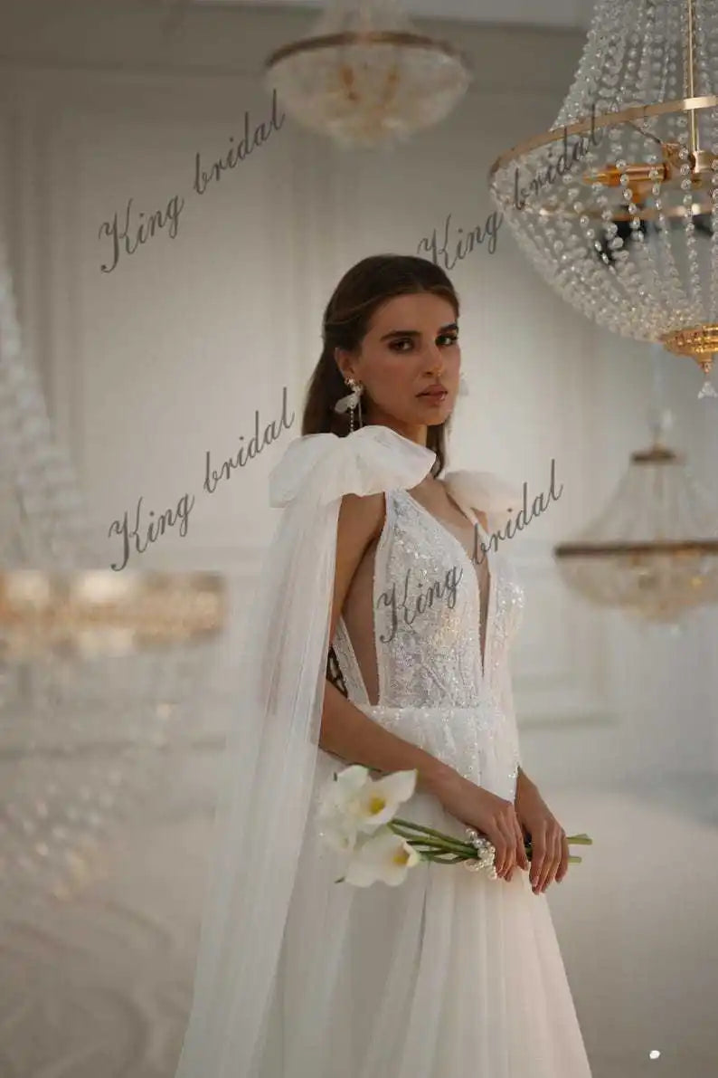Individuell angefertigtes elegantes handgefertigtes schimmerndes Tüll-Hochzeitskleid mit Perlenspitze, schlichte Brautkleider, Hochzeitskleid, Brautkleider 