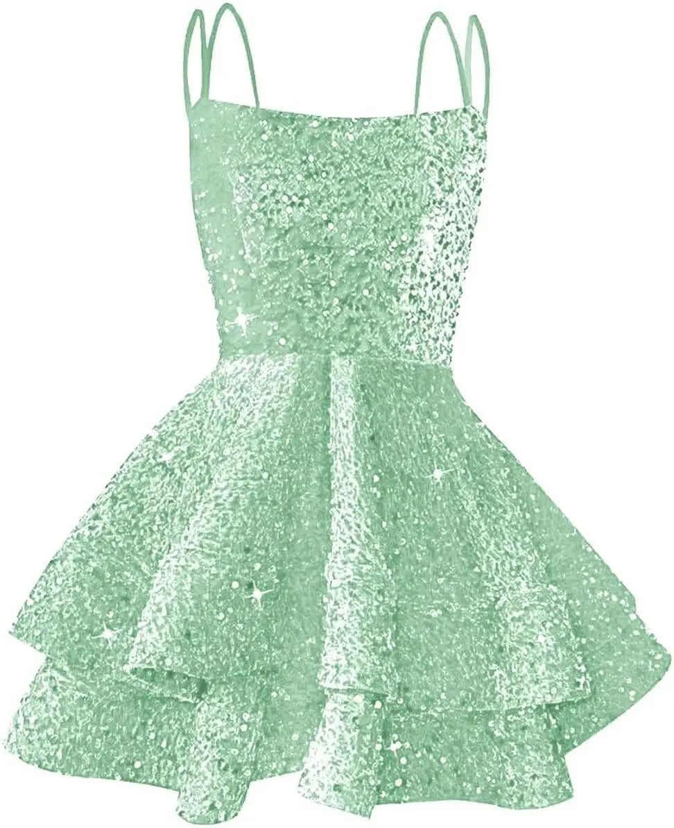 Hübsches, funkelndes Pailletten-Heimkehrkleid für Teenager, kurzes, gestuftes Ballkleid mit quadratischem Ausschnitt und A-Linie, Cocktail-Club-Partykleid 