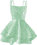 Hübsches, funkelndes Pailletten-Heimkehrkleid für Teenager, kurzes, gestuftes Ballkleid mit quadratischem Ausschnitt und A-Linie, Cocktail-Club-Partykleid 