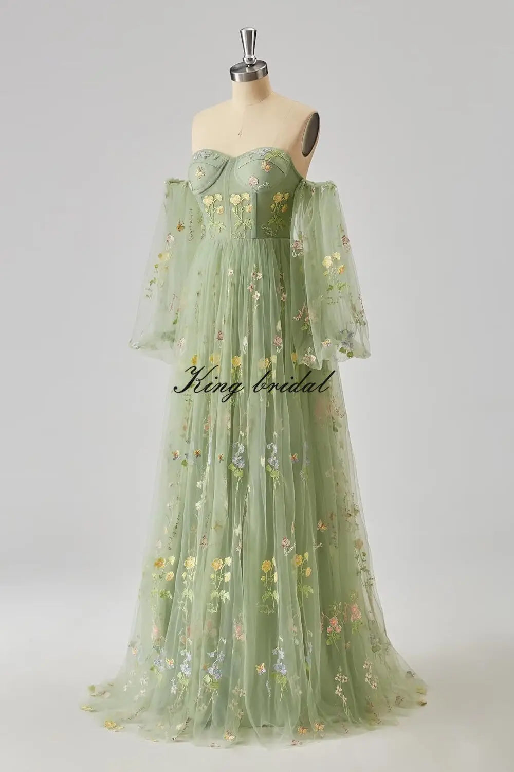 Puffy Sleeve Flower Embroidery Tulle Prom Dresses for Women Long A Line Fairy Maxi Formal Evening Party Gown Bridesmaid Dresses