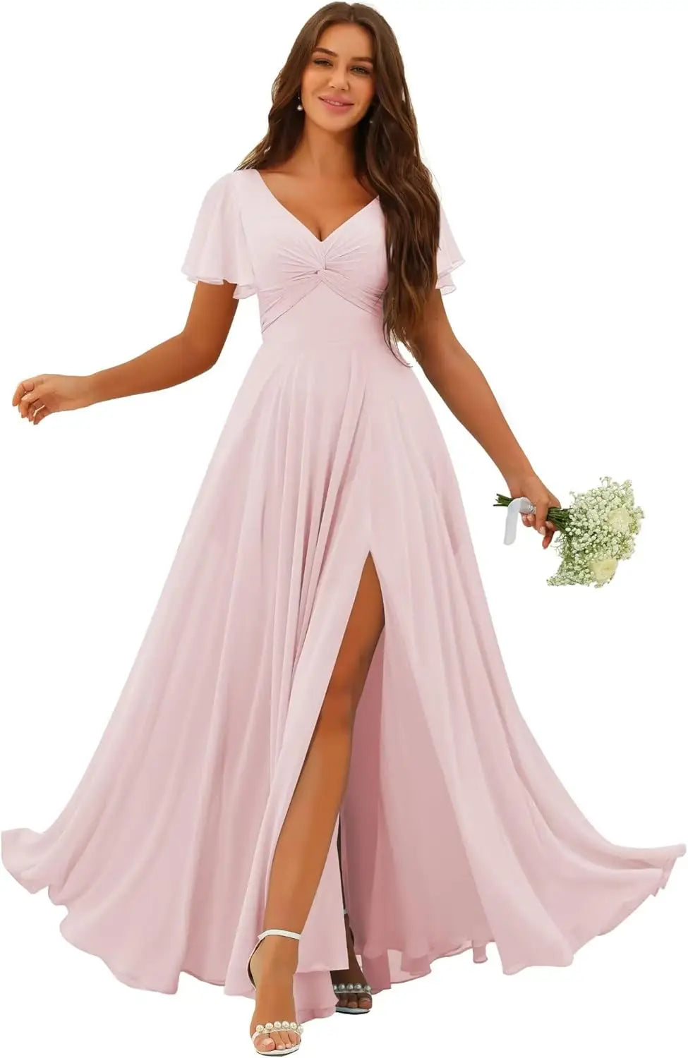 Custom Made Flutter Sleeves Split Bridesmaid Dresses with Slit Long V Neck Empire Waist Formal Evening Dress for Women Wedding