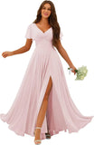 Custom Made Flutter Sleeves Split Bridesmaid Dresses with Slit Long V Neck Empire Waist Formal Evening Dress for Women Wedding