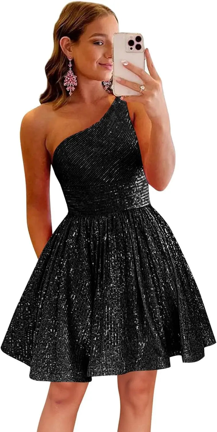 Vestido de fiesta corto con lentejuelas y un hombro brillante para mujeres y niñas. 