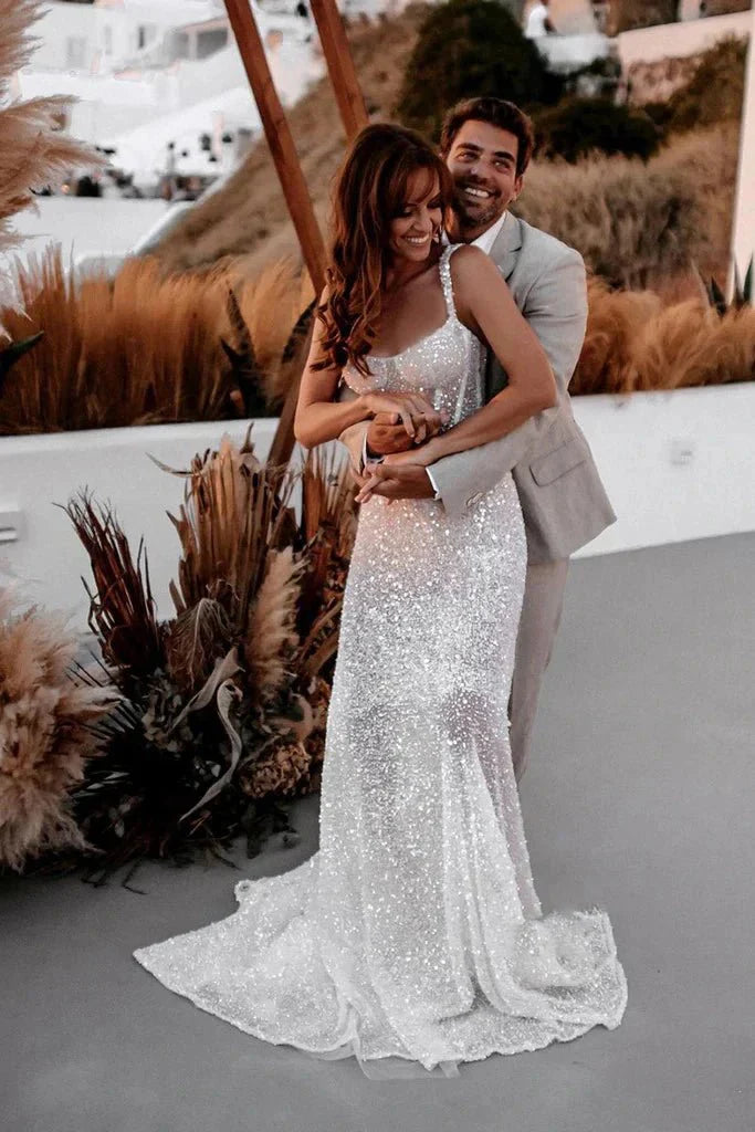 Sparkly A Line Sweetheart Mermaid Sequins Wedding Dresses