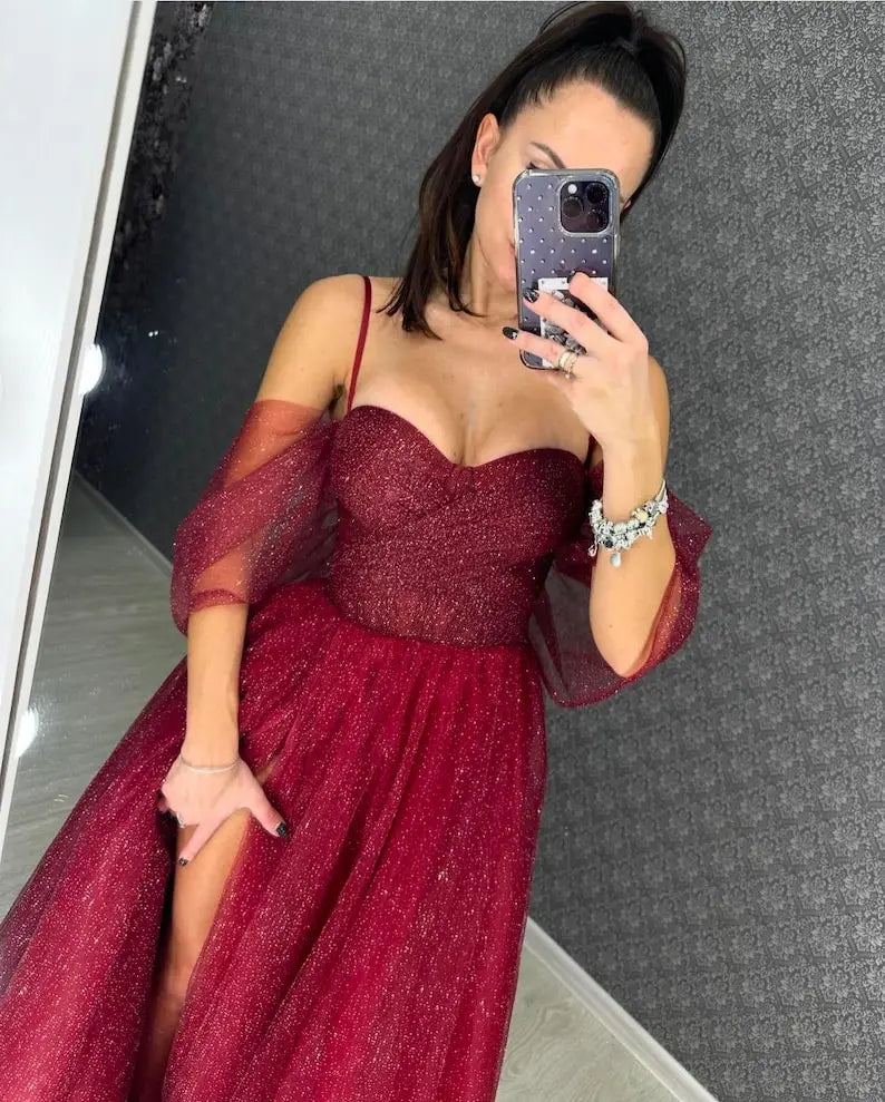Sparkling Evening Dress with Sweetheart Corset Off-Shoulder Sleeves A-Line Skirt with High Slit Customizable Colors Glitter Gown