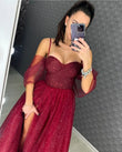 Sparkling Evening Dress with Sweetheart Corset Off-Shoulder Sleeves A-Line Skirt with High Slit Customizable Colors Glitter Gown