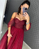 Sparkling Evening Dress with Sweetheart Corset Off-Shoulder Sleeves A-Line Skirt with High Slit Customizable Colors Glitter Gown