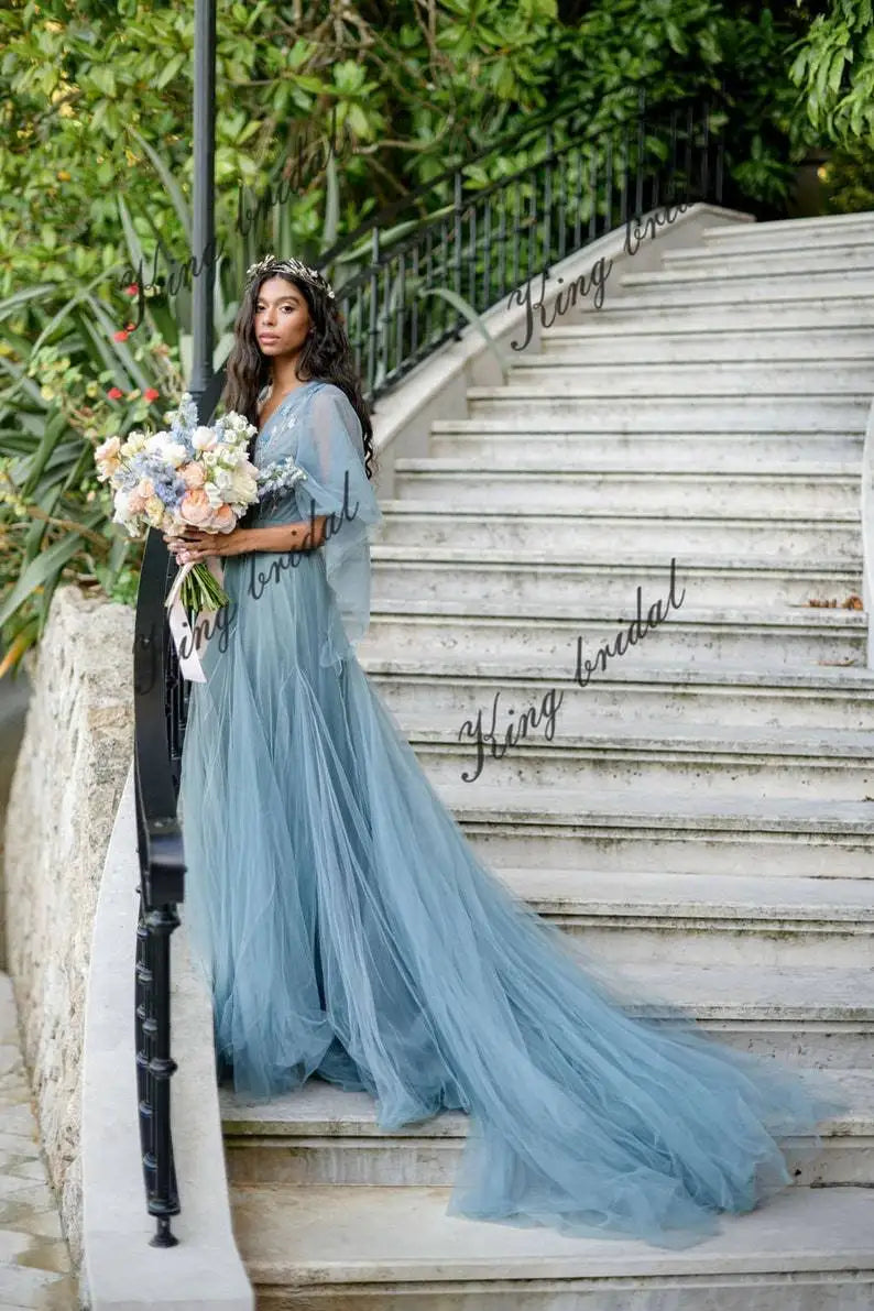 Ethereal wedding dresses Pale dark blue wedding gown Full gown Airy s Ethereal wedding dresses Pale dark blue wedding gown Full gown Airy s
