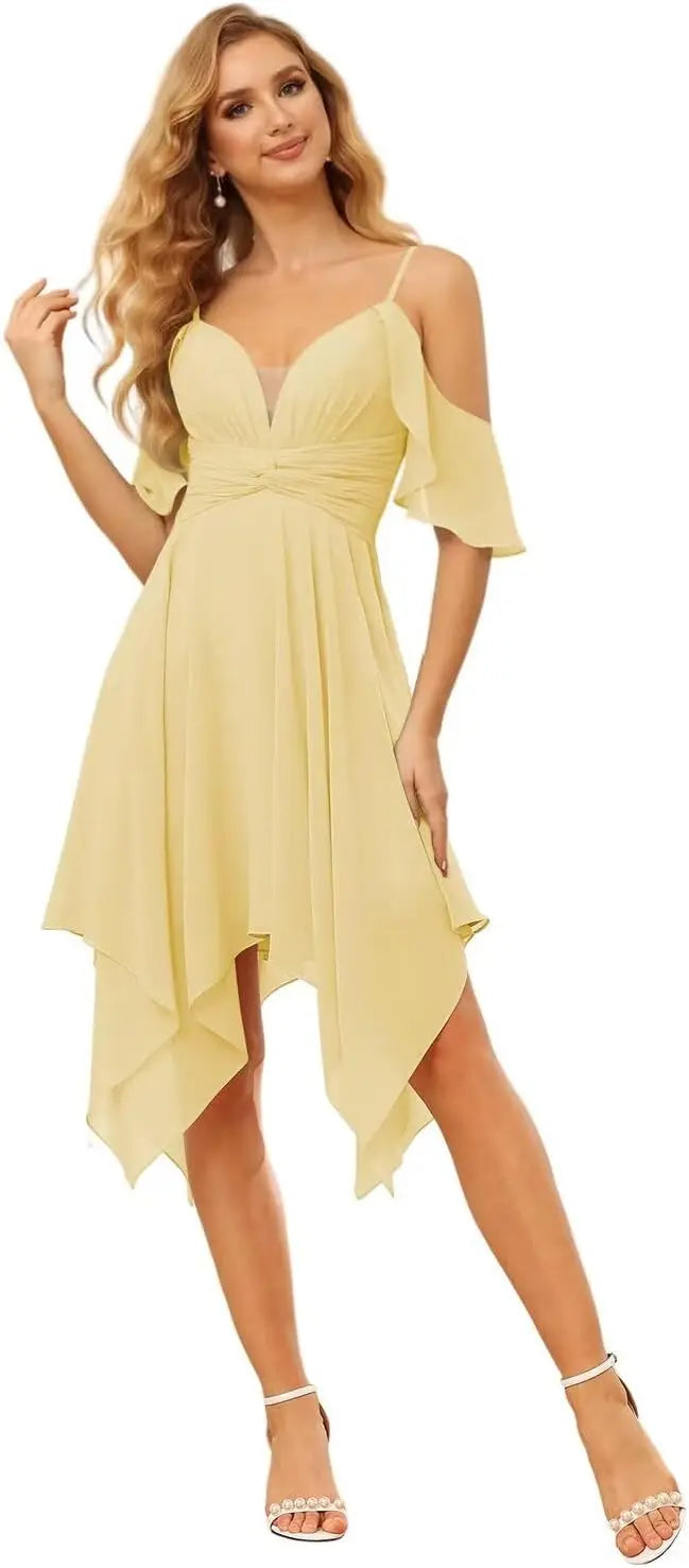 Women's Off Shoulder Chiffon Junior Bridesmaid Dresses Short Pockets Ruffle A Line Formal Dresses with Slit Wedding Party Gown