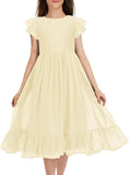 Girls Elegant Lace Flower Crew Neck Ruffle Chiffon A-Line Flowy Birthday Party Midi Dress ball gown  princess dress