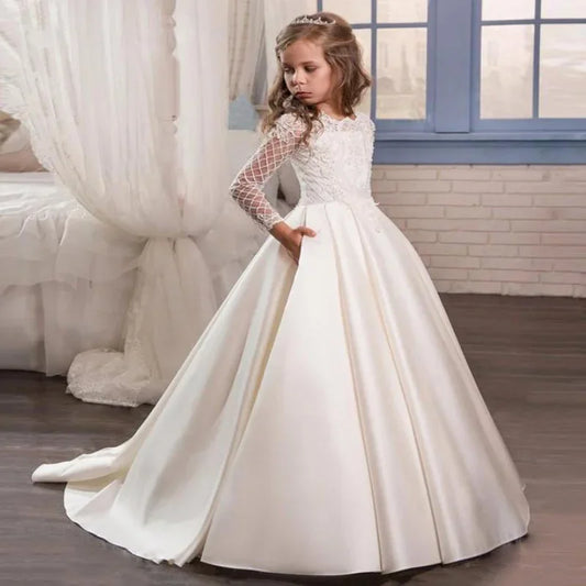 Apliques de satén blanco con patrón de manga larga para bodas, fiestas de cumpleaños, vestidos de primera comunión y vestidos de niña de las flores. 