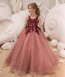 Festzugskleider für Mädchen, Spitzenapplikation, Blumenmädchenkleid, Tüll, Festzugskleid für Mädchen, lang, ärmellos, Prinzessinnen-Party-Ballkleid 