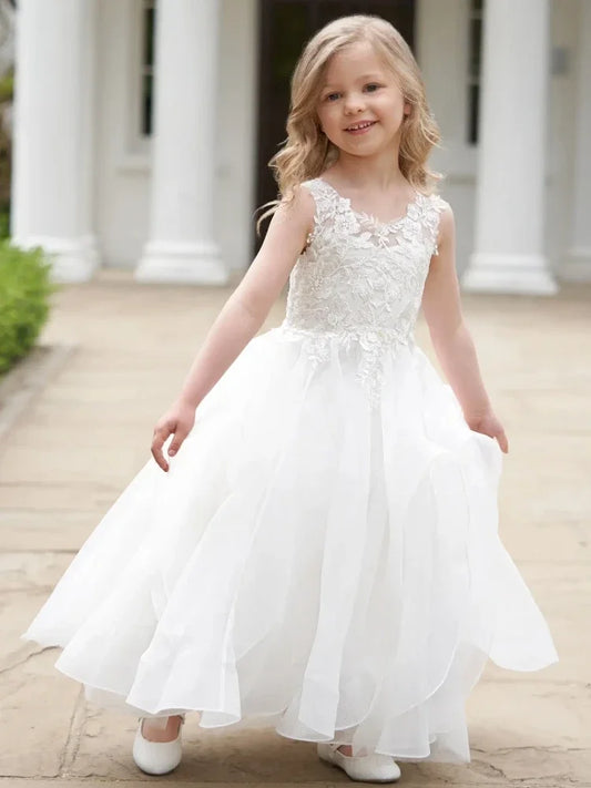 Vestido de princesa para niña de las flores, de tul blanco, con apliques escalonados, sin mangas, para boda, fiesta de cumpleaños, primera comunión. 