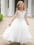 Vestido de princesa para niña de las flores, de tul blanco, con apliques escalonados, sin mangas, para boda, fiesta de cumpleaños, primera comunión. 