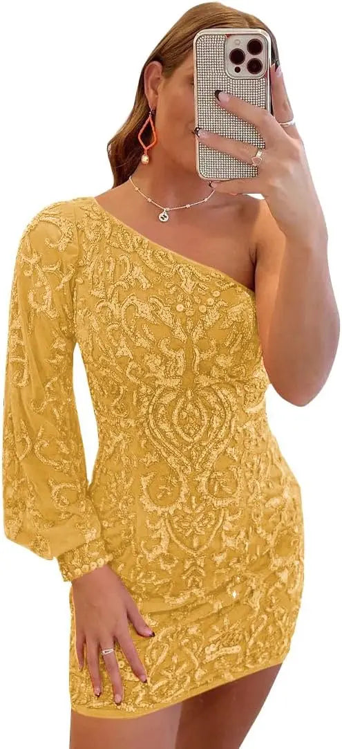 Vestidos de fiesta de encaje con lentejuelas brillantes para adolescentes, mangas abullonadas, un hombro, minivestido de cóctel para graduación, vestidos de noche 