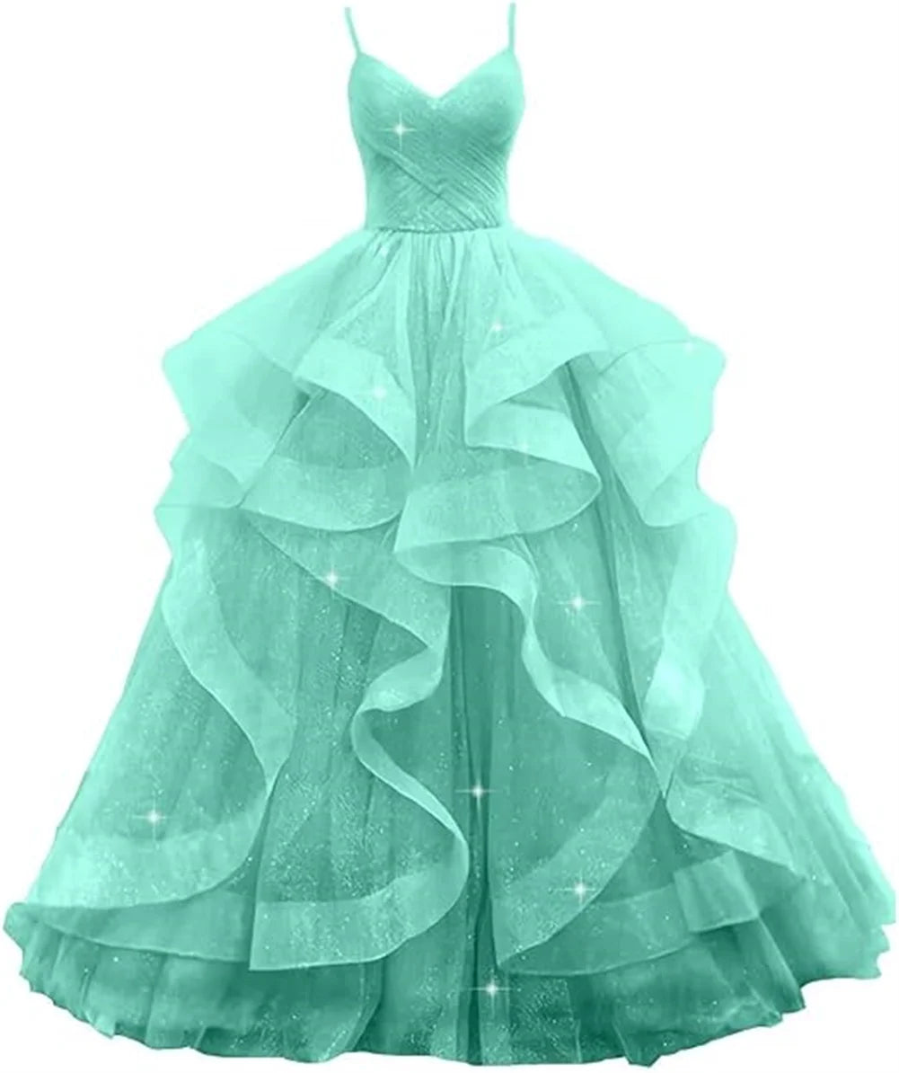 Customized V Neck Glitter Tulle Long Prom Dresses Spaghetti Straps Ball Gown For Women Puffy Tiered Formal Evening Party Dresses