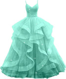 Customized V Neck Glitter Tulle Long Prom Dresses Spaghetti Straps Ball Gown For Women Puffy Tiered Formal Evening Party Dresses