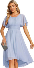 Vestido de gasa con cuello redondo y cintura plisada para mujer, manga corta, para invitada de boda, dama de honor, fiesta, graduación 