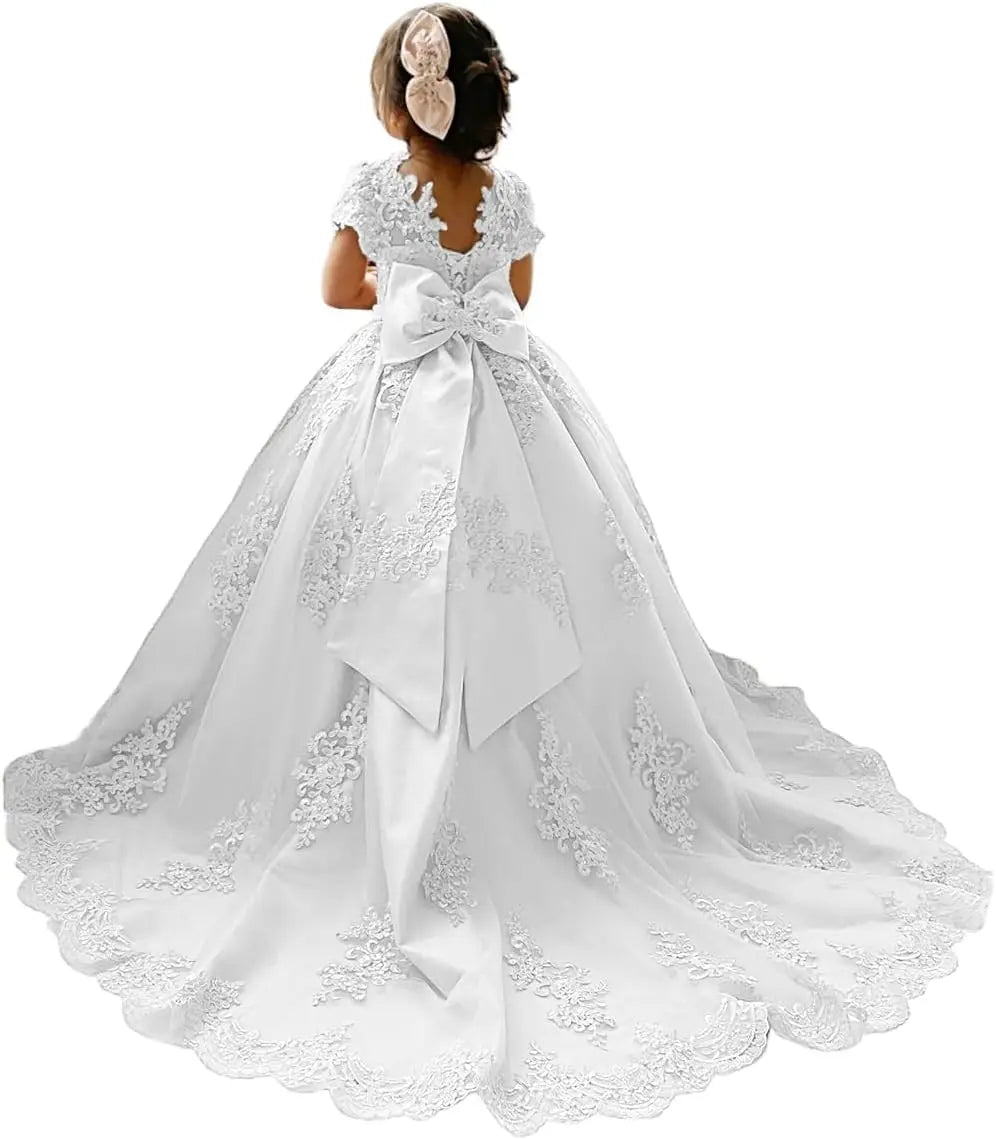 Blumenmädchenkleid für Mädchen zur Hochzeit, Applikationen, Tüll, Festzugskleider, kurze Ärmel, Ballkleid mit Schleife, Prinzessinnenkleid 