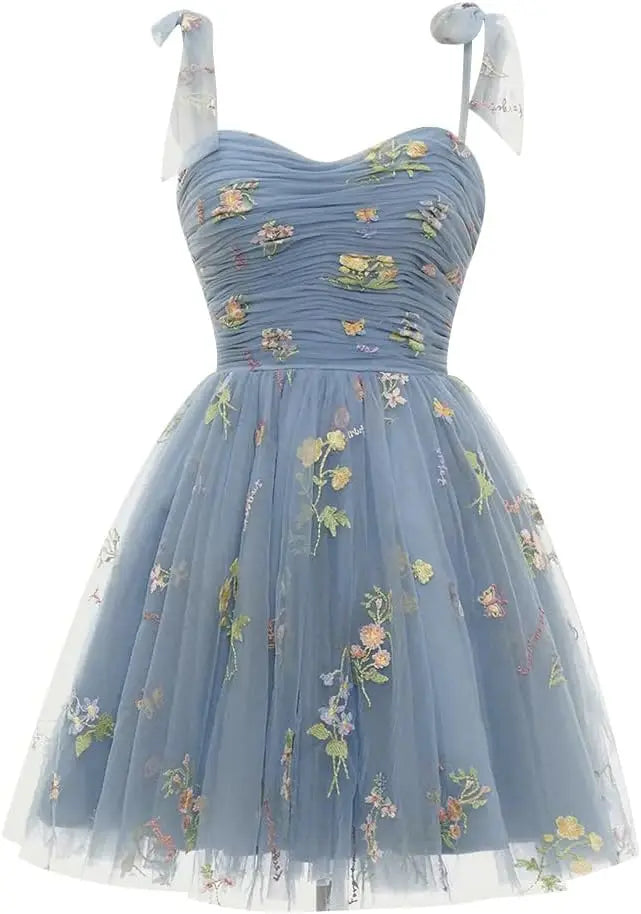 Vestidos de fiesta de tul con tirantes anudados para mujer, vestidos de novia con bordado de flores, vestidos cortos formales para fiesta, mini vestidos de bienvenida 
