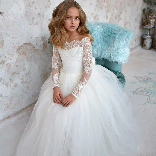 Bohemian Tulle Ivory White Lace Bow Girls First Communion Gown Junior Bridesmaid Dress Customized Full Sleeves Flower Girl Dress