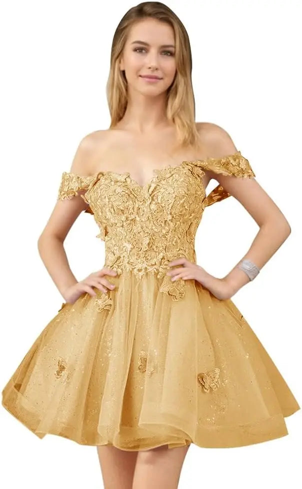 Glitter Tulle Appliques Homecoming Dresses for Teens Beaded Off Shoulder Short Prom Dresses Lace Cocktail Mini Dress Club Gowns