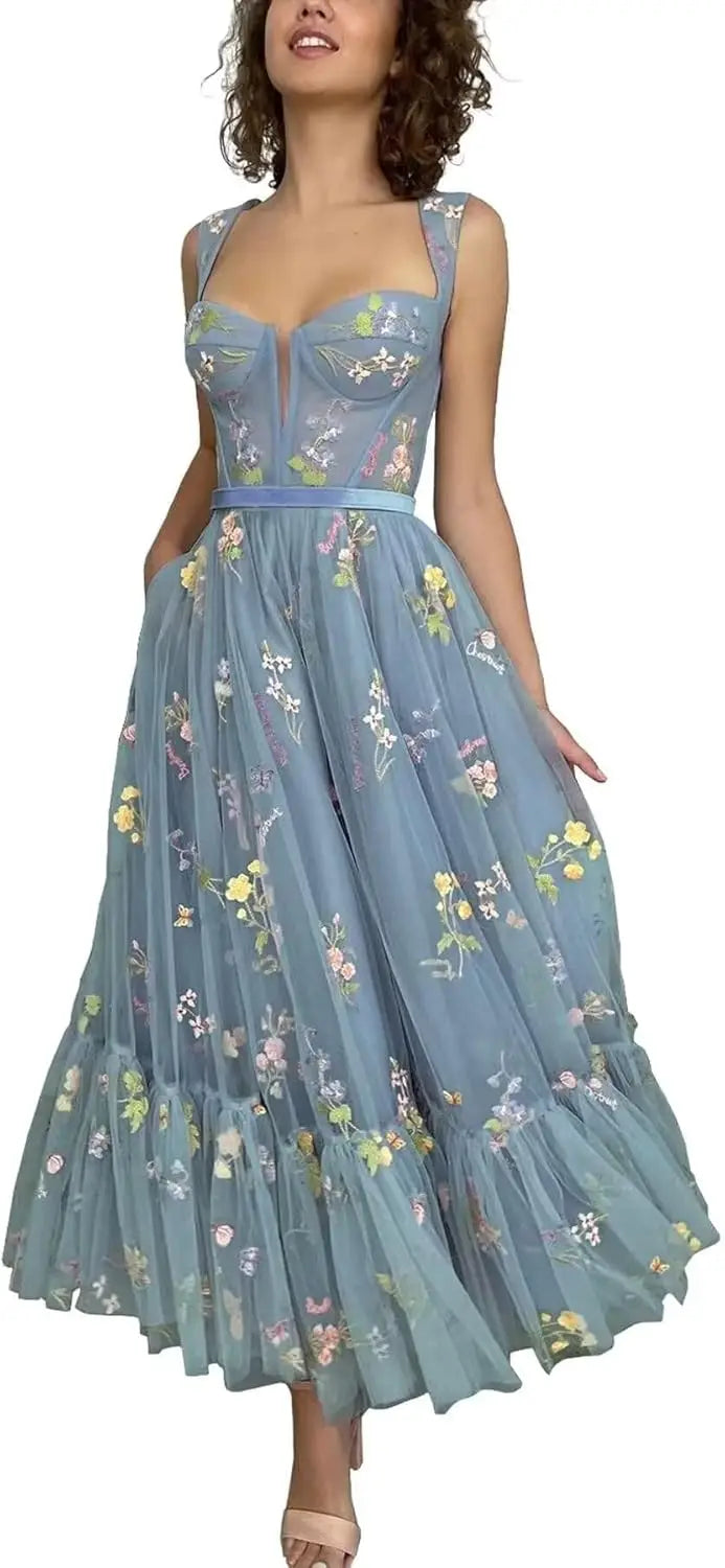 Custom Made Women's Flower Embroidery Tulle Prom Dresses Tea Length Corset A Line Fairy Formal Evening Party Gown Bridesmaid