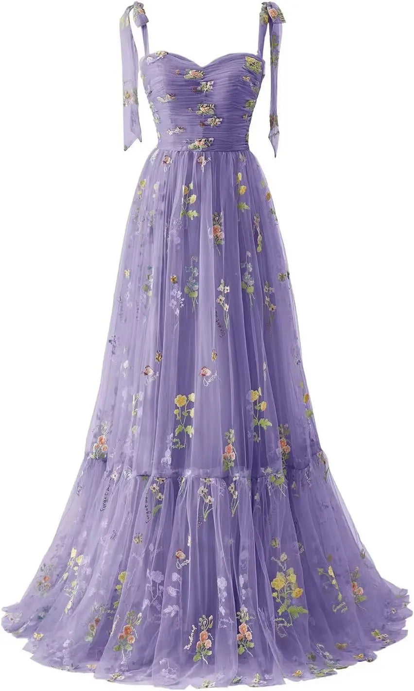 Women's Flower Embroidery Tulle Prom Dresses Corset Long Spaghetti Strap Fairy Ruched Formal Evening Party Gown Bridesmaid Dress