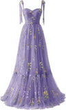 Women's Flower Embroidery Tulle Prom Dresses Corset Long Spaghetti Strap Fairy Ruched Formal Evening Party Gown Bridesmaid Dress