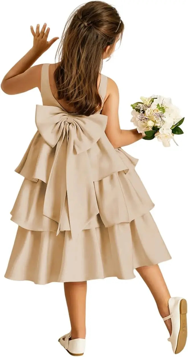 Girls Crewneck Layers Flower Girl Satin Pageant Dress with Bow Knot Backless Birthday Party Formal Dress princess dress