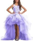 Blumenmädchenkleid für Mädchen, hoch und niedrig, Festzugskleider, gestufte Tüllapplikationen, Prinzessin, formelle Party, Ballkleid, Festzug für Mädchen 