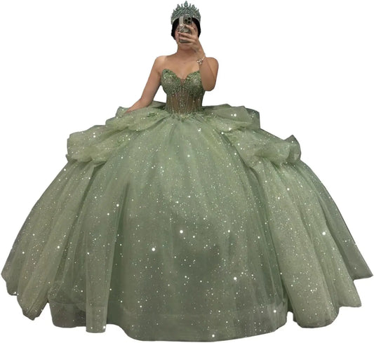 Puffy Tulle Quinceanera Dresses Ball Gown Strapless Long Sweet 16 Dress Sweetheart Sparkly Evening Gown ball gown dress
