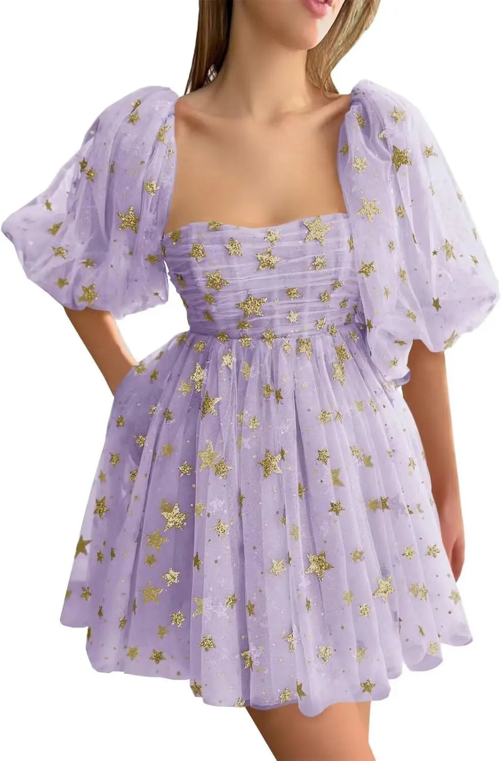Vestidos de fiesta cortos de tul con estrellas brillantes, hechos a medida, para adolescentes, minivestido de fiesta con estrellas brillantes y mangas abullonadas, vestido formal para club. 